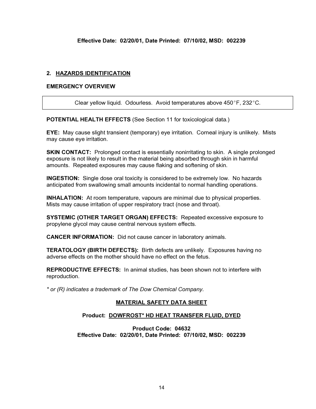 Blodgett KTG-E manual Effective Date 02/20/01, Date Printed 07/10/02, MSD, Hazards Identification Emergency Overview 