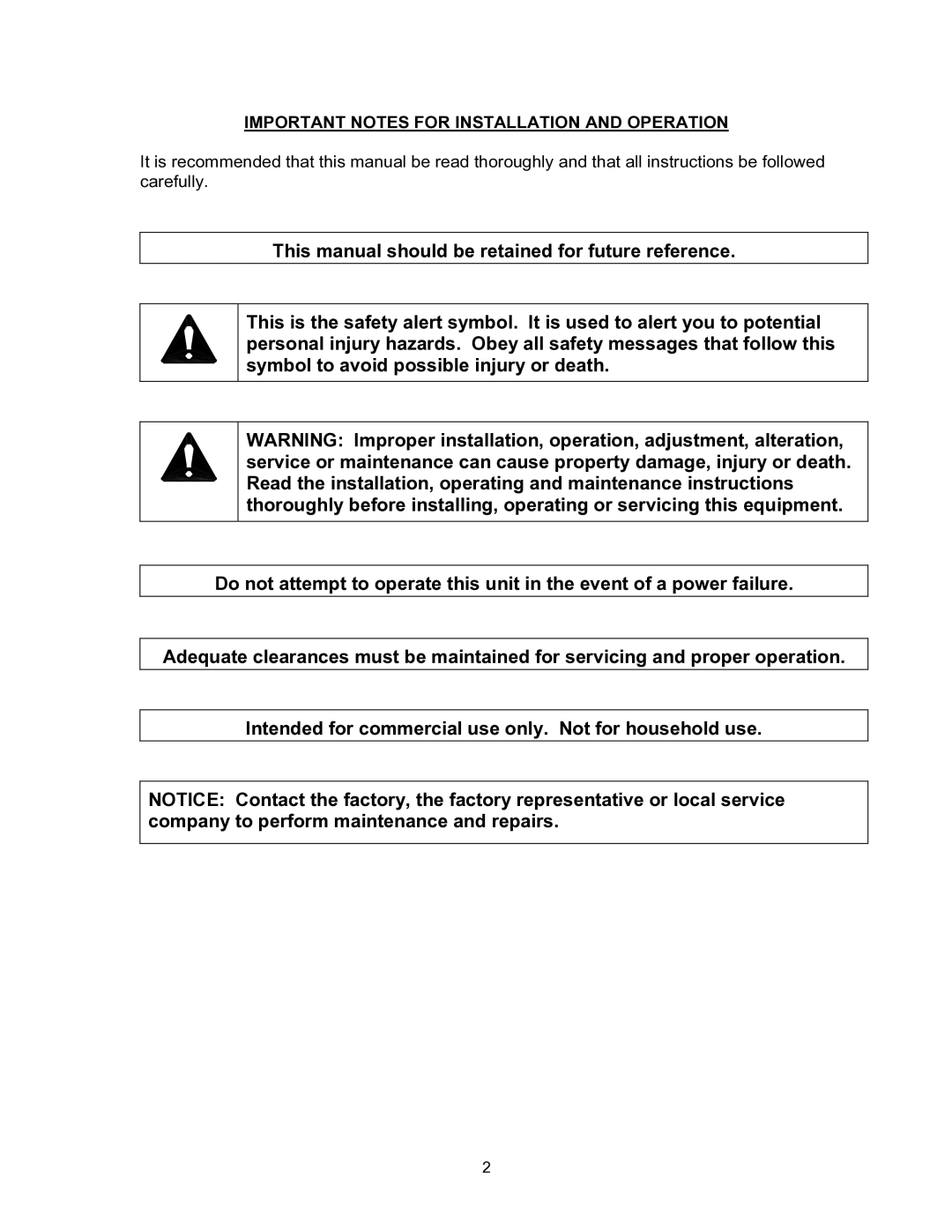 Blodgett KTG-E manual Important Notes for Installation and Operation 