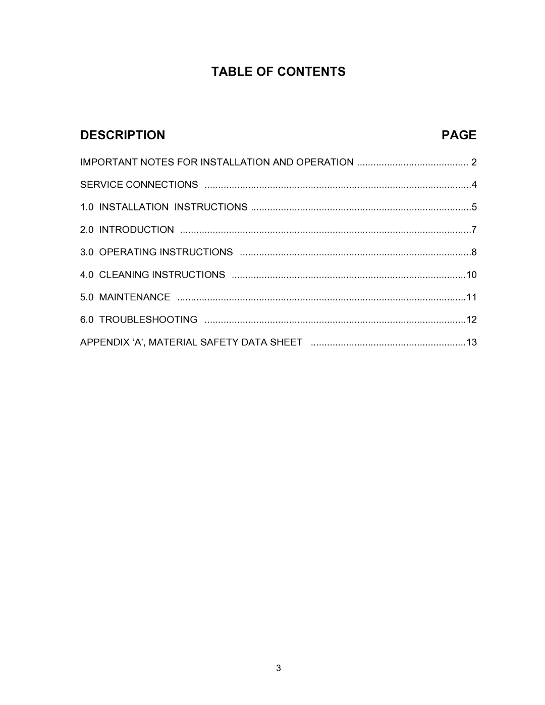 Blodgett KTG-E manual Table of Contents Description 