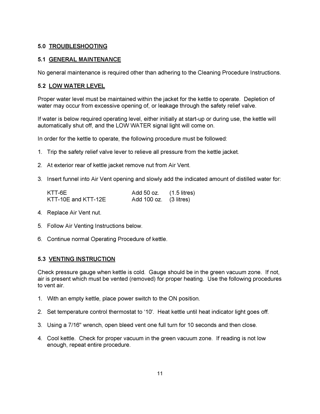 Blodgett KTT-E Series manual Troubleshooting General Maintenance, LOW Water Level, KTT-6E, Venting Instruction 