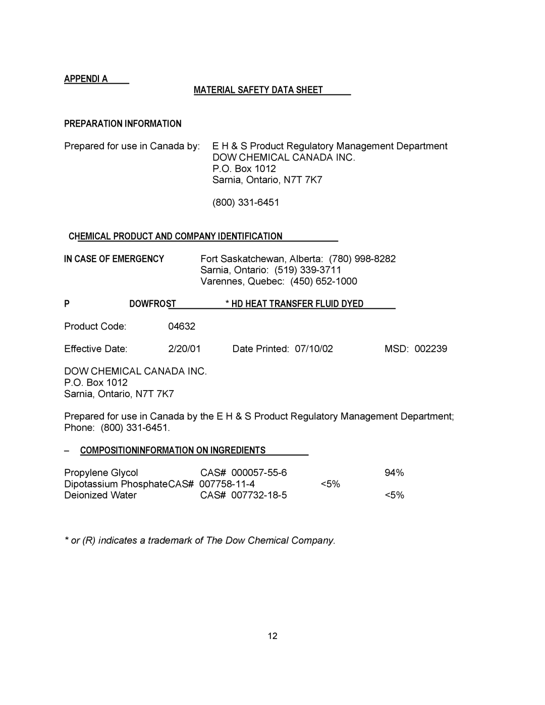 Blodgett KTT-E Series manual DOW Chemical Canada INC, COMPOSITION/INFORMATION on Ingredients, Cas# 