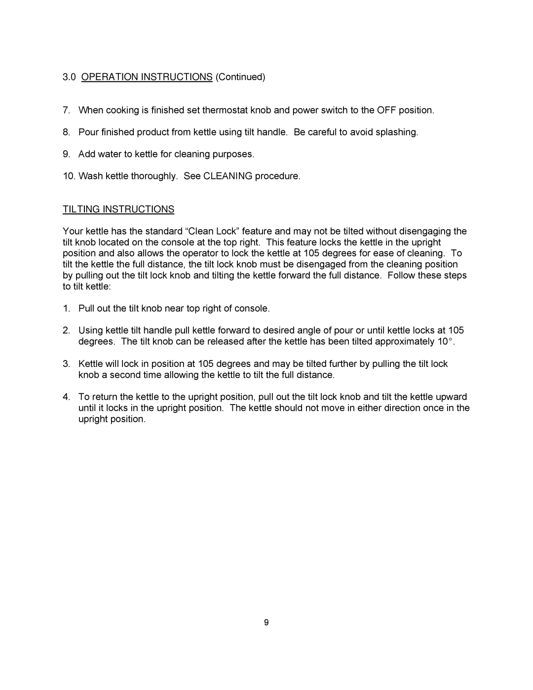 Blodgett KTT-E Series manual Operation Instructions, Tilting Instructions 