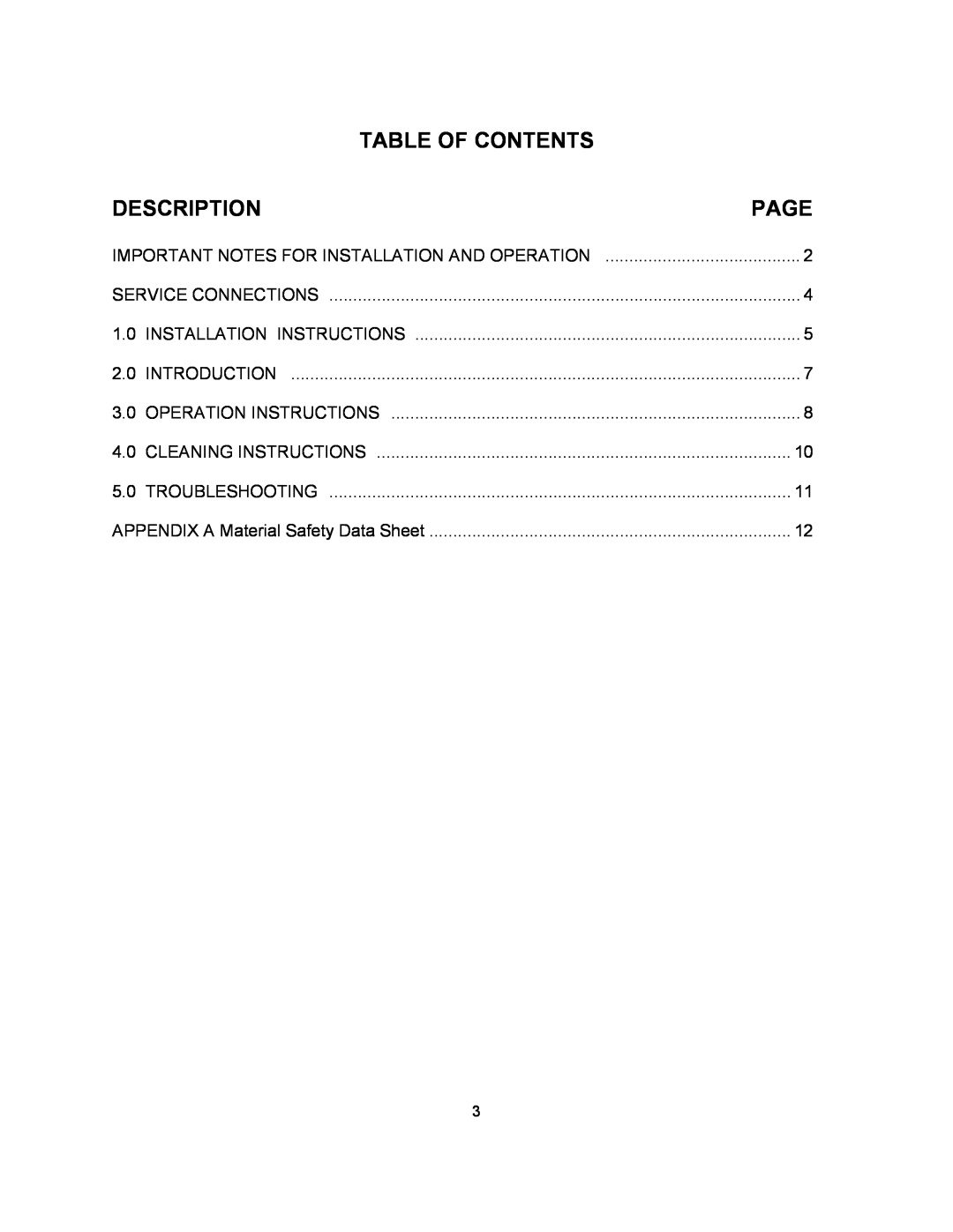 Blodgett KTT-E Series manual Table Of Contents, Description, Page 