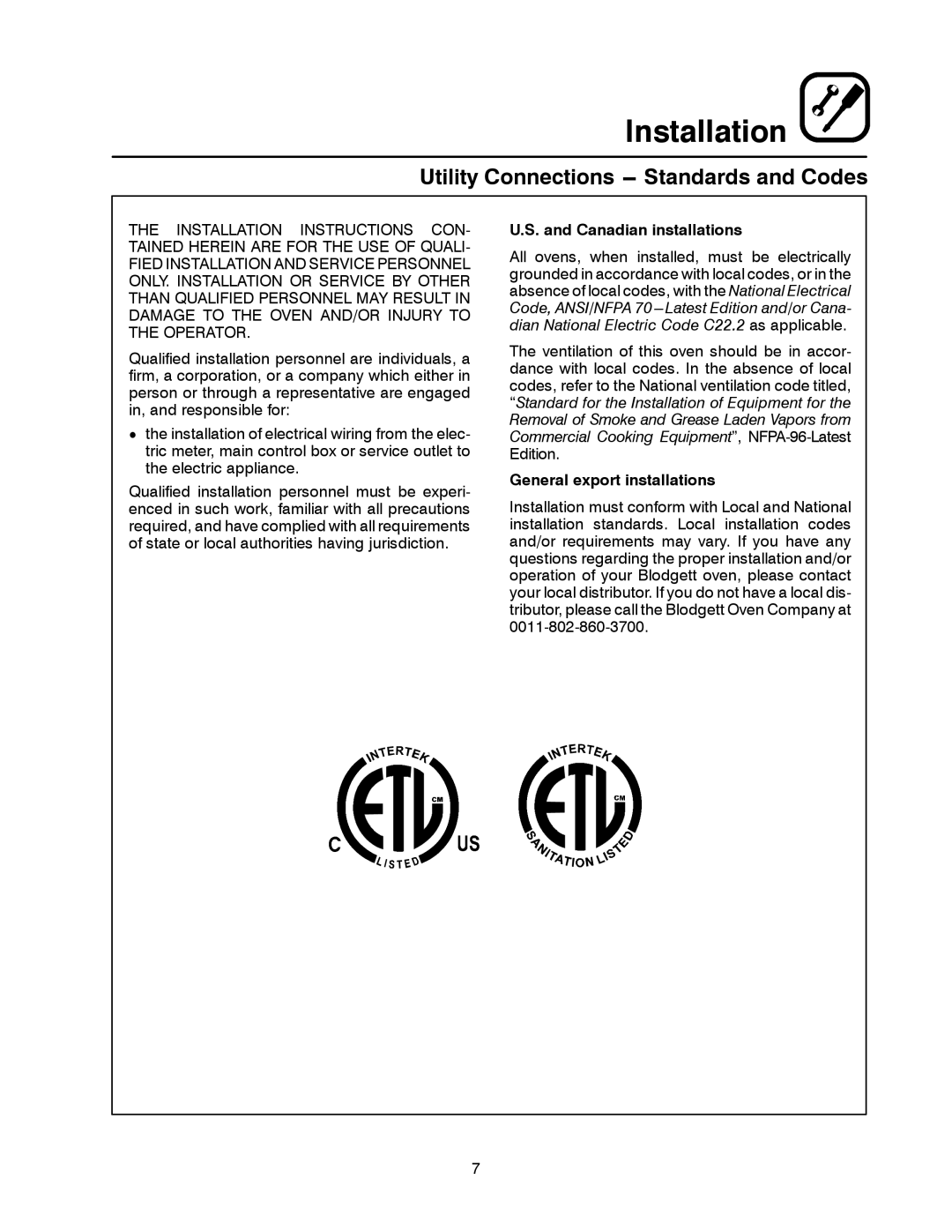 Blodgett MARK V XCEL CONVECTION OVEN manual Utility Connections --- Standards and Codes 