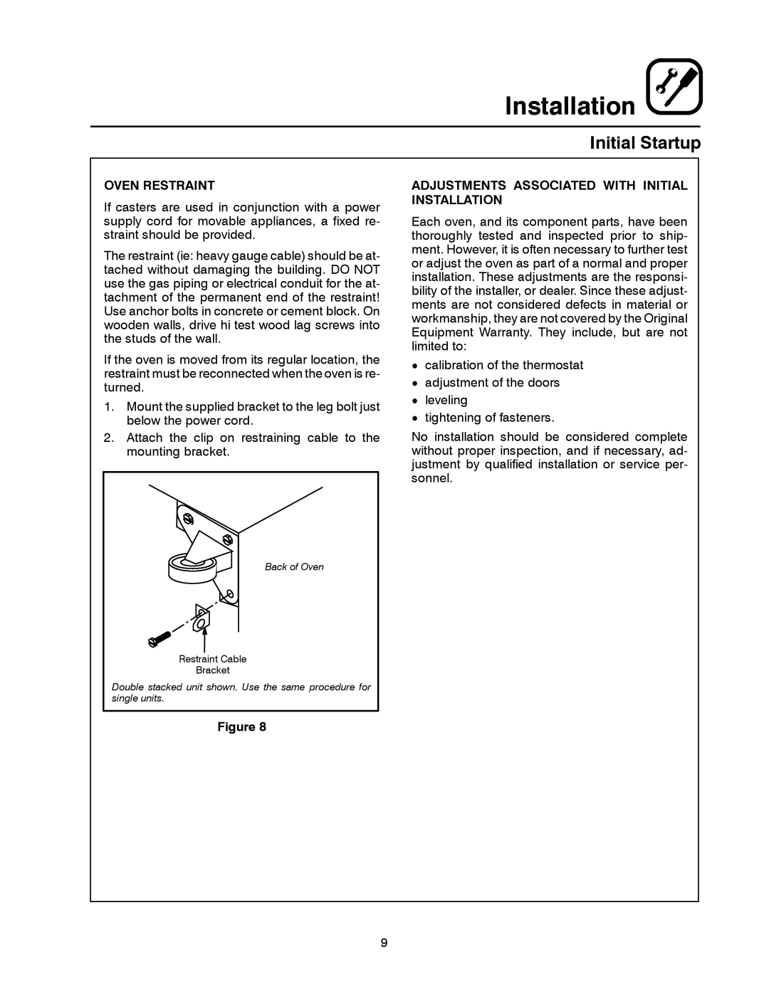 Blodgett MARK V XCEL CONVECTION OVEN Initial Startup, Oven Restraint, Adjustments Associated with Initial Installation 