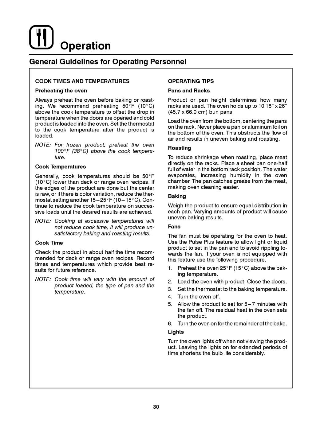 Blodgett MARK V XCEL CONVECTION OVEN manual General Guidelines for Operating Personnel, Operating Tips 