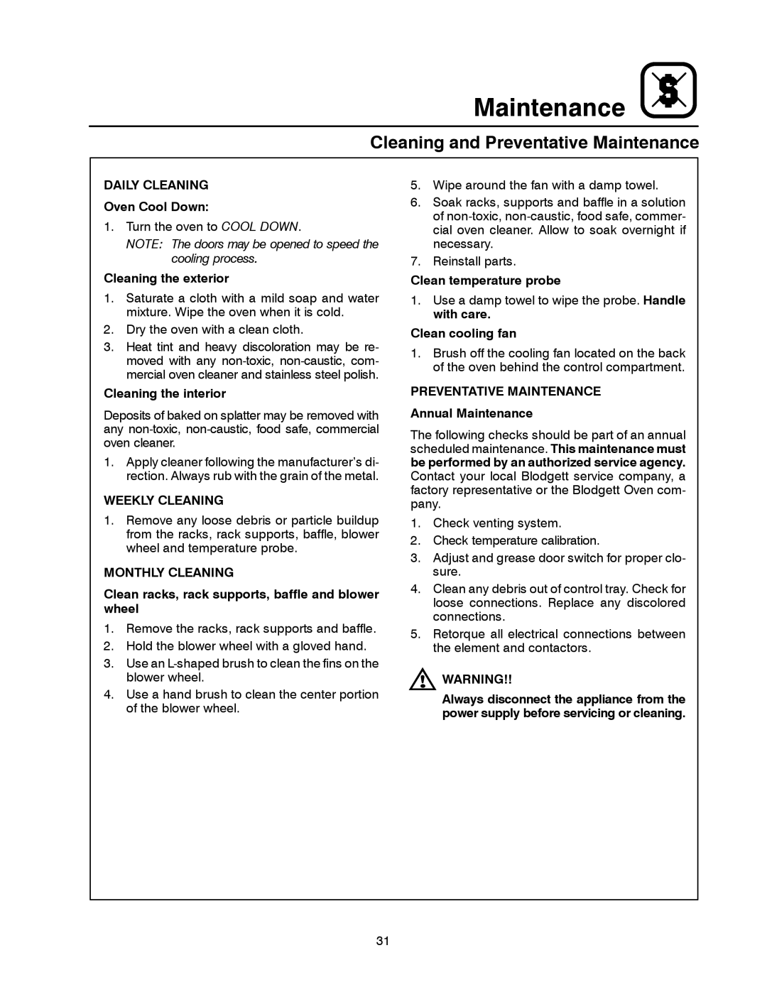 Blodgett MARK V XCEL CONVECTION OVEN manual Cleaning and Preventative Maintenance, Daily Cleaning, Weekly Cleaning 