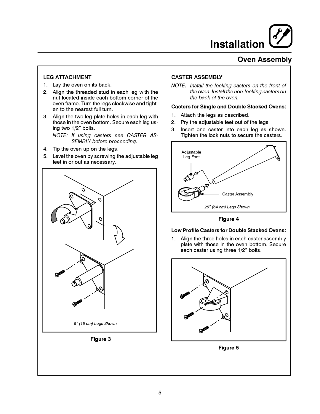 Blodgett MARK V XCEL CONVECTION OVEN manual LEG Attachment, Caster Assembly, Casters for Single and Double Stacked Ovens 