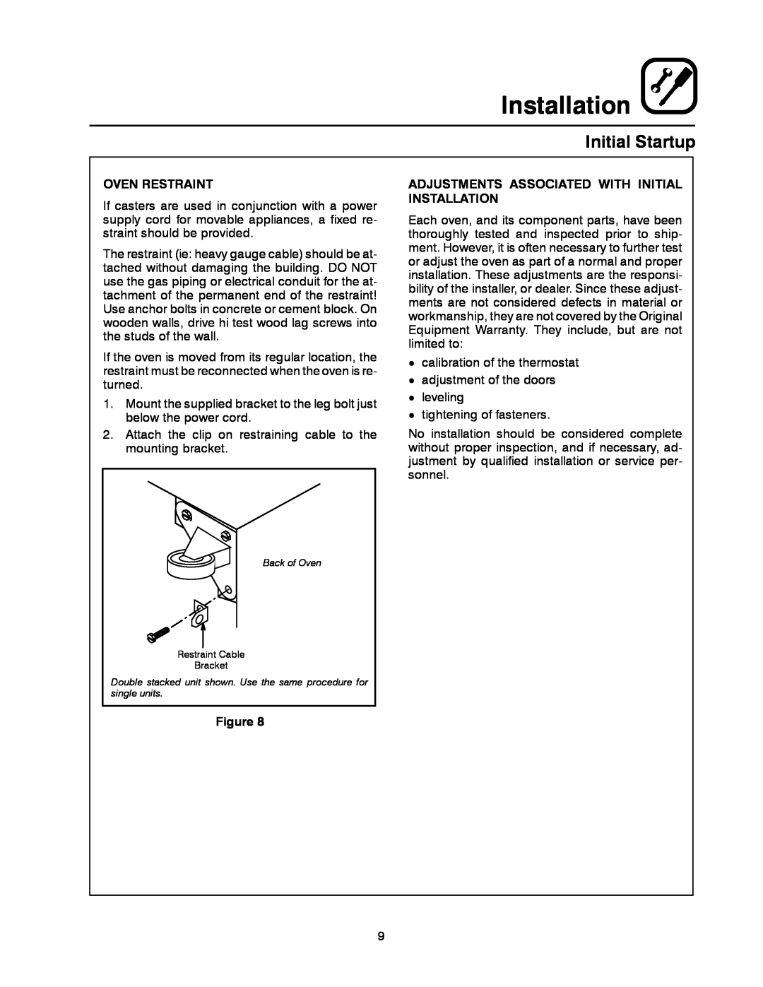 Blodgett MARK V XCEL CONVECTION OVEN manual Installation, Initial Startup, Oven Restraint 
