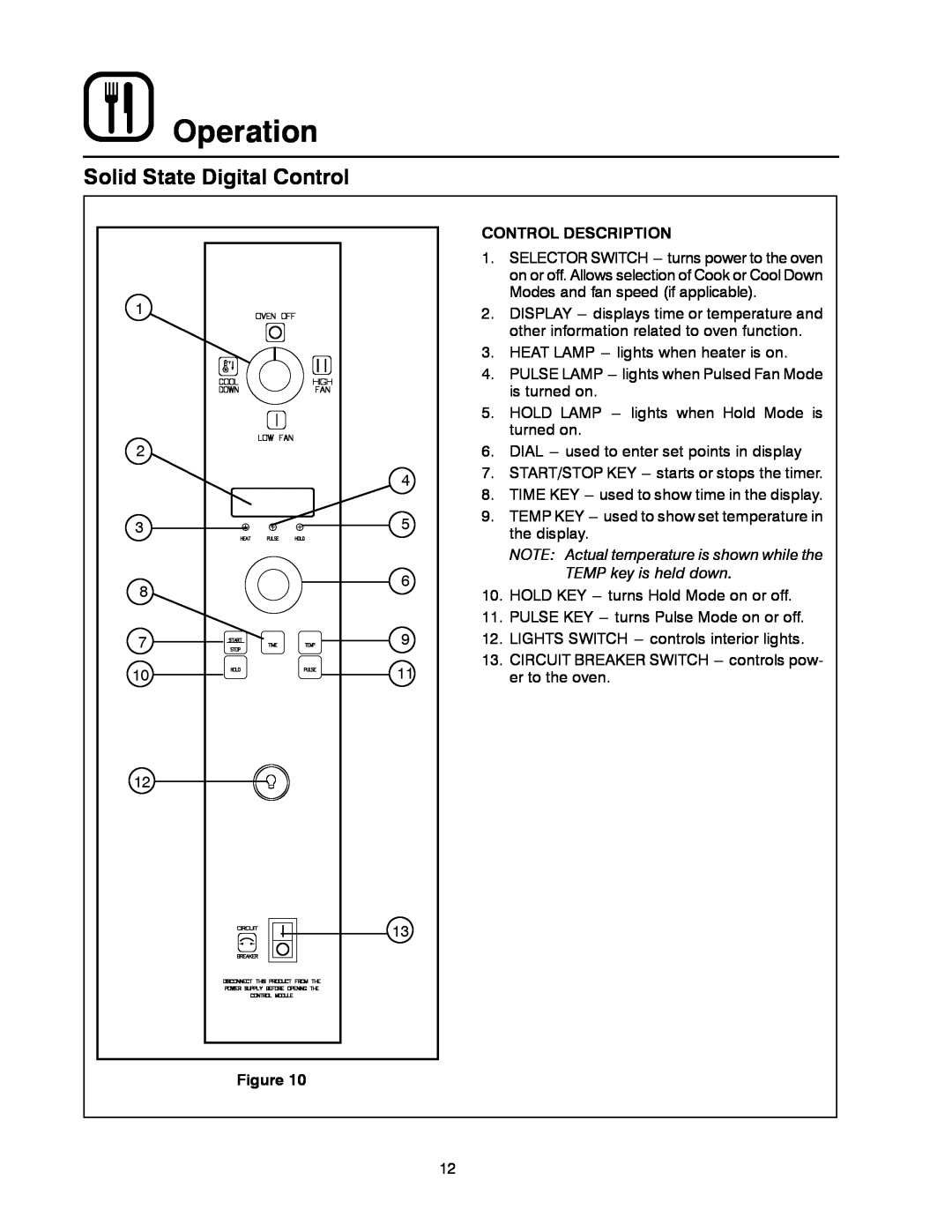 Blodgett MARK V XCEL CONVECTION OVEN manual Operation, Solid State Digital Control, Control Description 