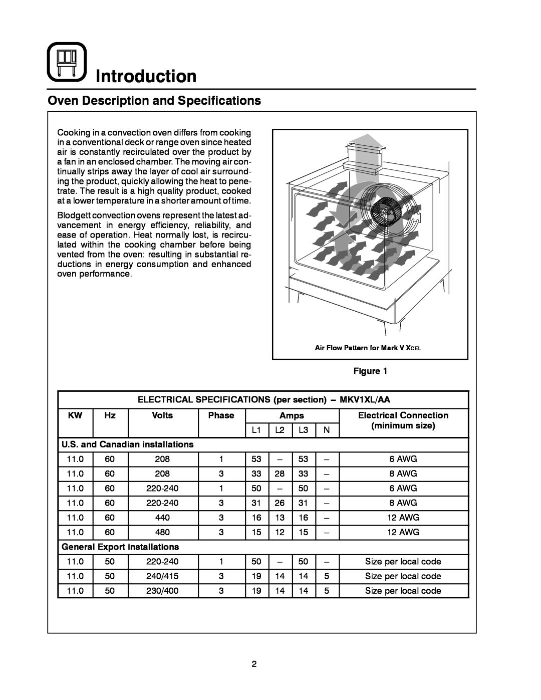 Blodgett MARK V XCEL CONVECTION OVEN Introduction, ELECTRICAL SPECIFICATIONS per section -- MKV1XL/AA, Volts, Phase, Amps 