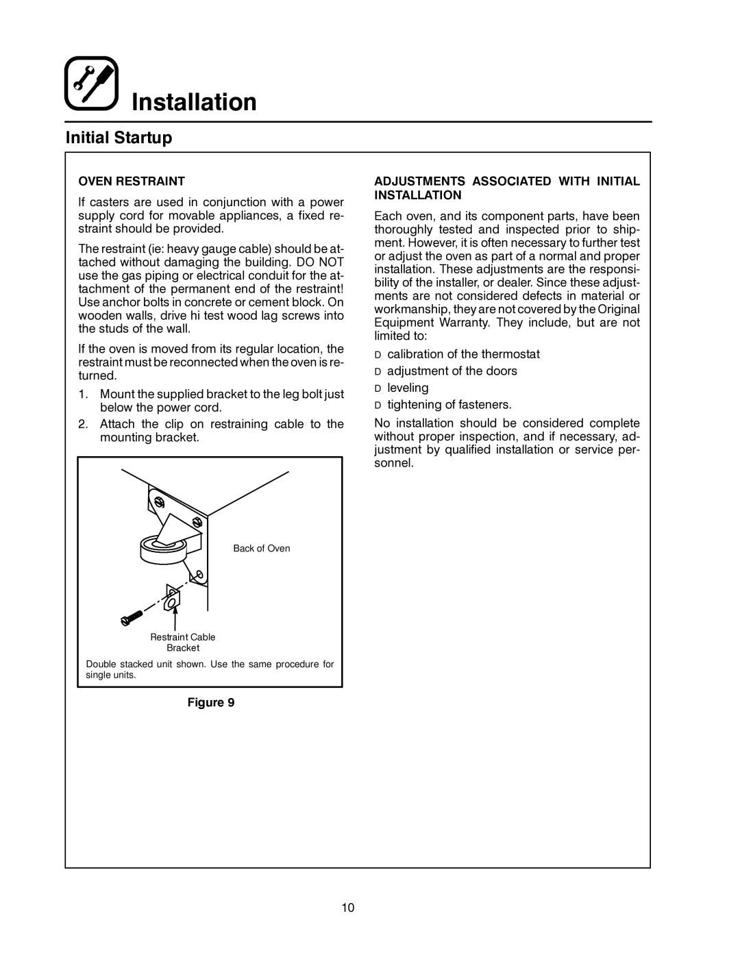 Blodgett MARK V manual Initial Startup, Oven Restraint, Adjustments Associated with Initial Installation 