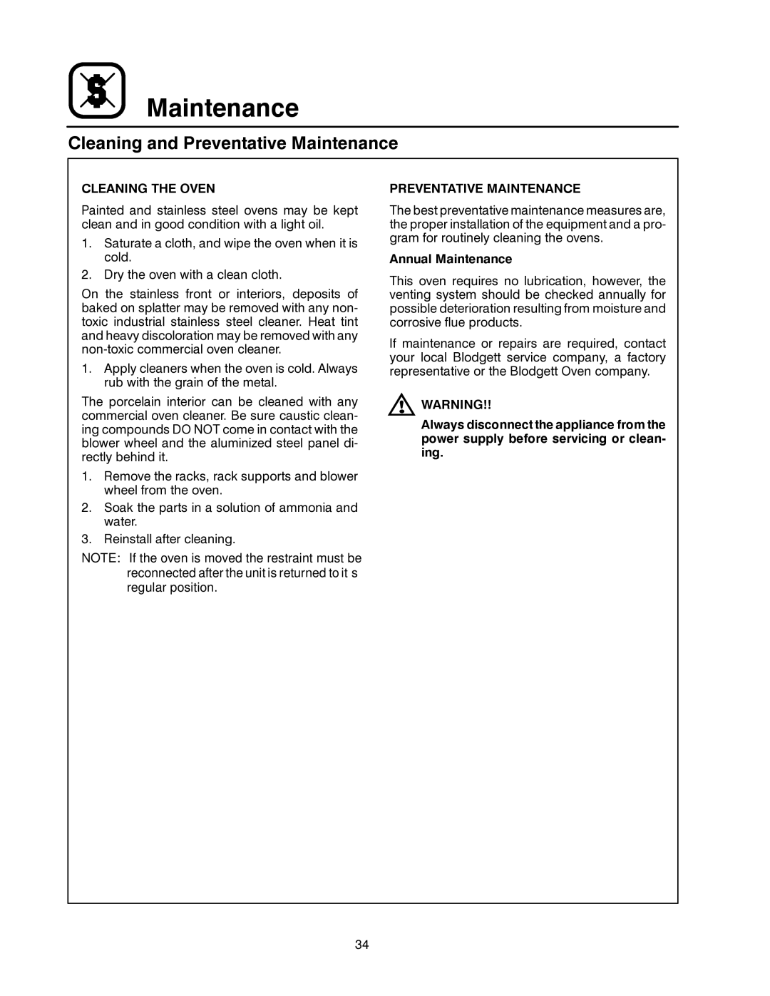Blodgett MARK V manual Cleaning and Preventative Maintenance, Cleaning the Oven, Annual Maintenance 