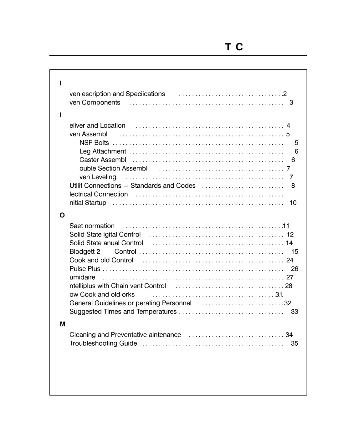 Blodgett MARK V manual Table of Contents 