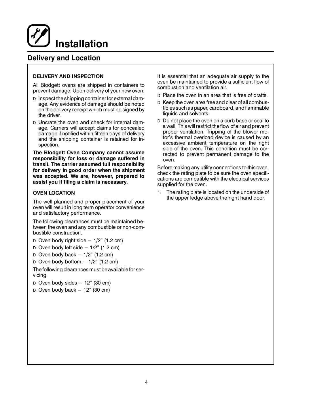 Blodgett MARK V manual Delivery and Location, Delivery and Inspection, Oven Location 