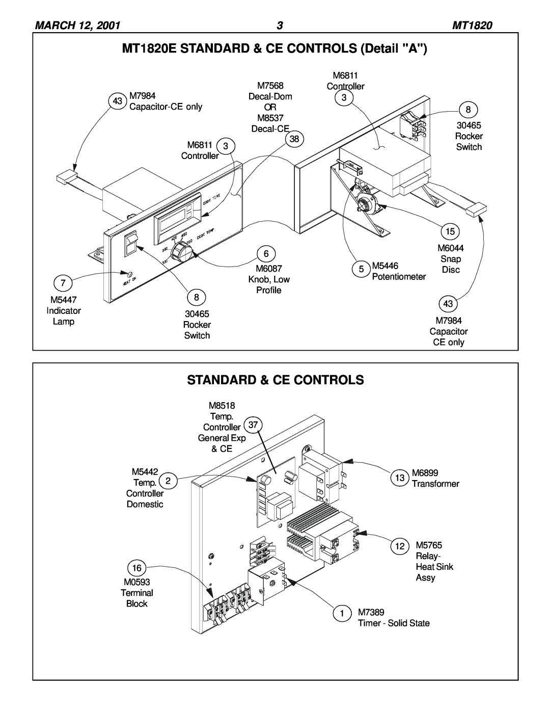 Blodgett manual MT1820E STANDARD & CE CONTROLS Detail A, Standard & Ce Controls, March 