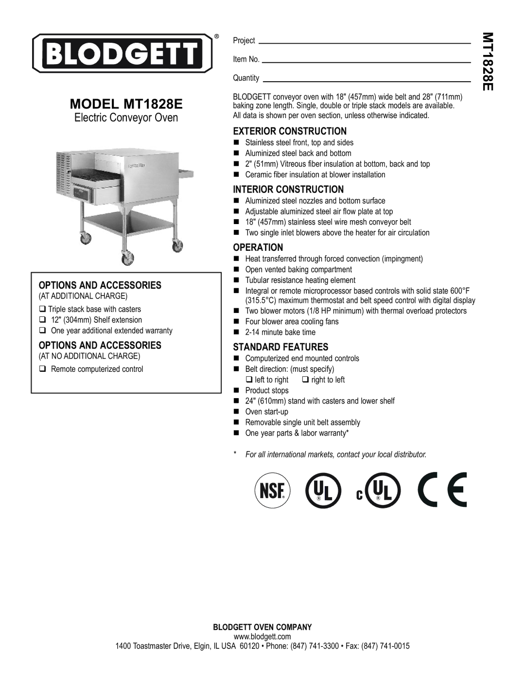 Blodgett MT1828E warranty Options and Accessories, Exterior Construction, Interior Construction, Operation 