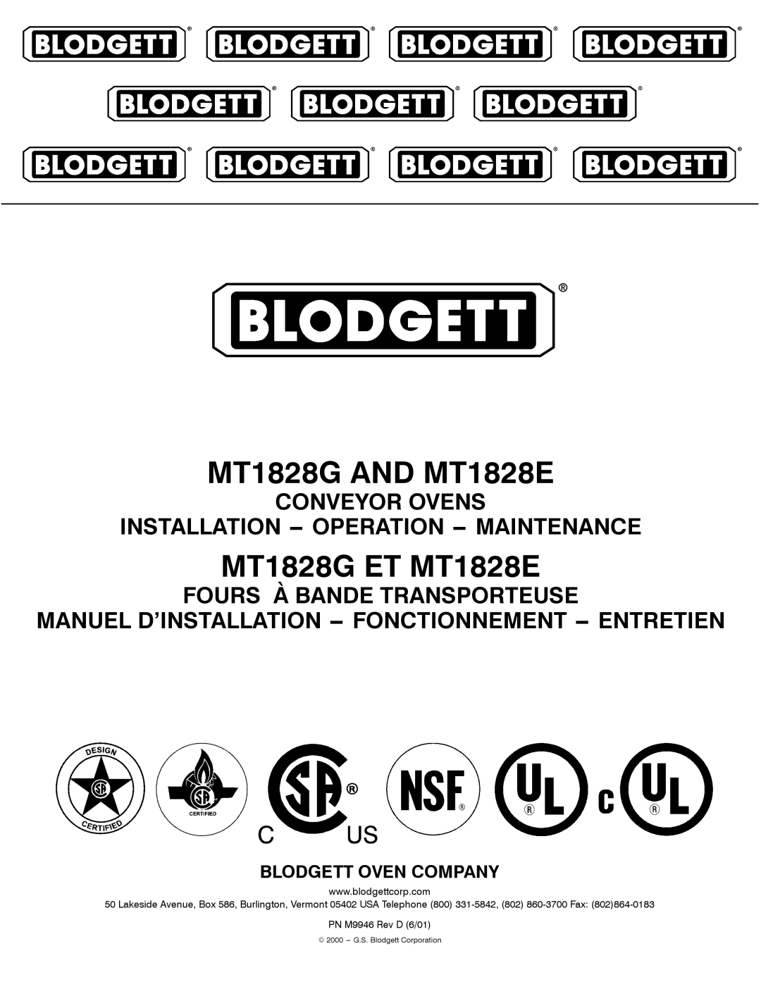 Blodgett manual MT1828G and MT1828E 