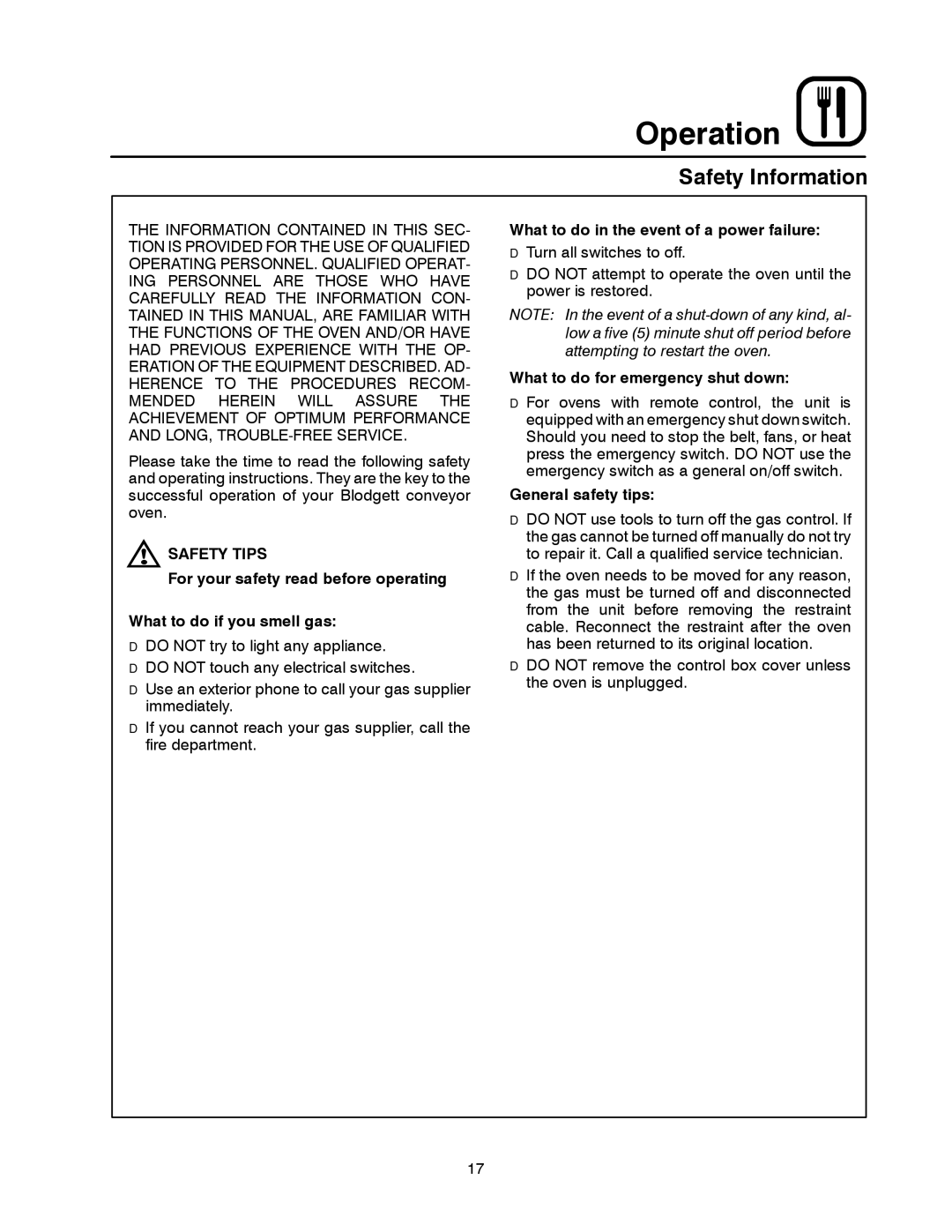 Blodgett MT1828E, MT1828G Safety Information, Safety Tips, What to do in the event of a power failure, General safety tips 