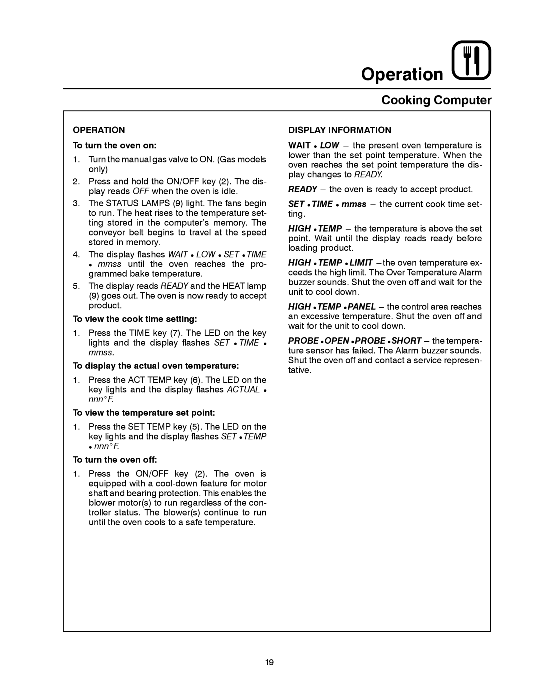 Blodgett MT1828E, MT1828G manual Operation, Display Information 