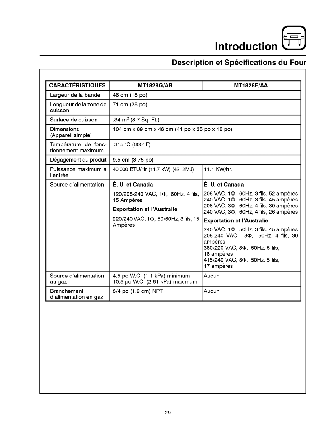 Blodgett MT1828E, MT1828G manual Caractéristiques, Et Canada, Exportation et l’Australie 