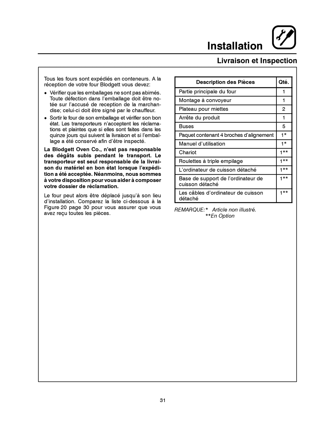 Blodgett MT1828E, MT1828G manual Livraison et Inspection, Description des Pièces Qté 