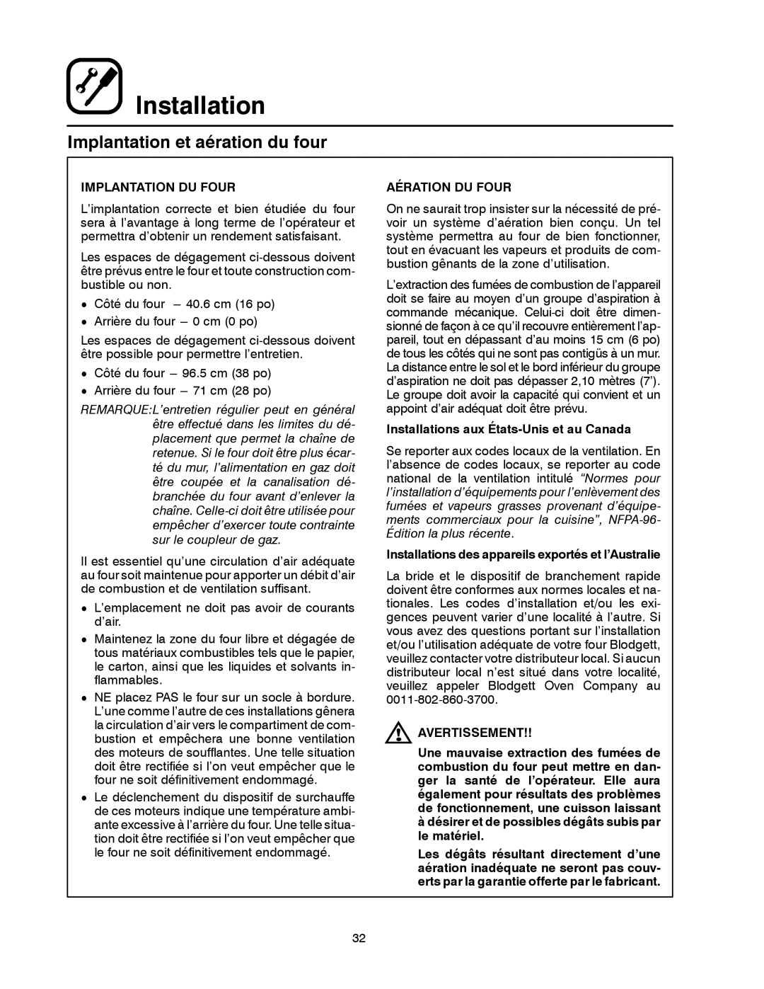 Blodgett MT1828G, MT1828E manual Implantation et aération du four, Implantation DU Four, Aération DU Four, Avertissement 