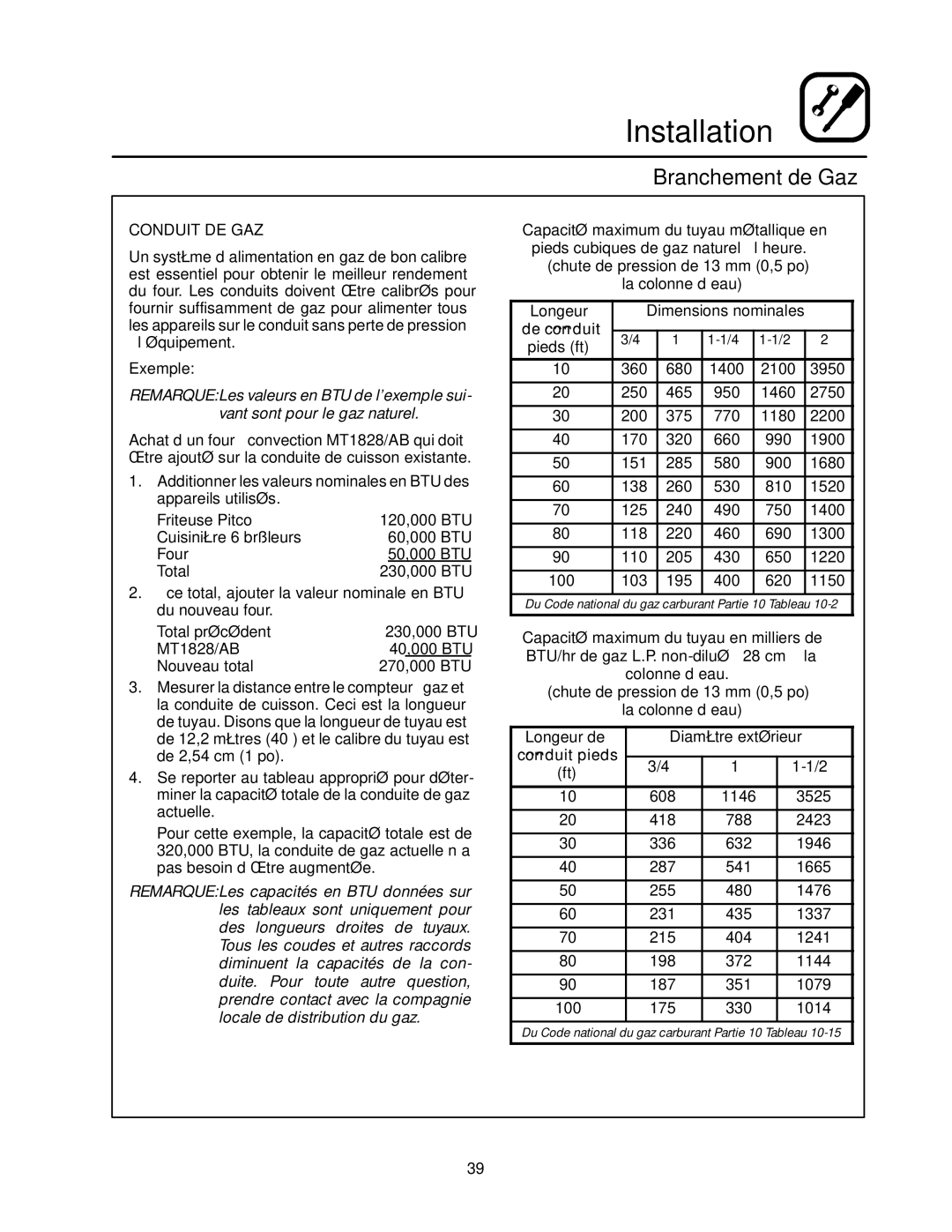 Blodgett MT1828E, MT1828G Branchement de Gaz, Conduit DE GAZ, Exemple, Longeur Dimensions nominales De conduit Pieds ft 