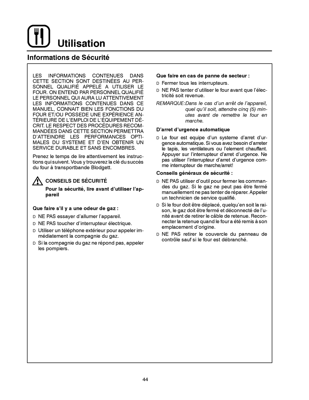 Blodgett MT1828G, MT1828E manual Informations de Sécurité, Conseils DE Sécurité, Que faire en cas de panne de secteur 