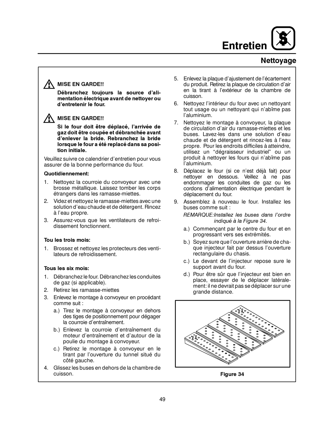 Blodgett MT1828E, MT1828G manual Nettoyage, Mise EN Garde, Quotidiennement, Tou les trois mois, Tous les six mois 