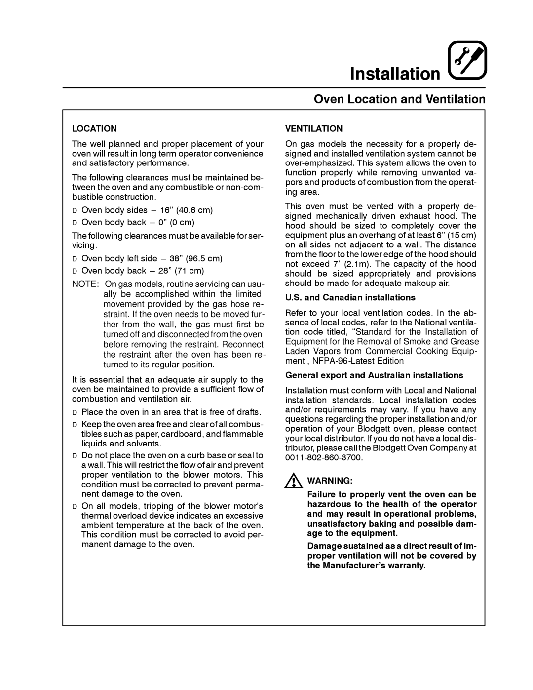 Blodgett MT1828E manual Oven Location and Ventilation, Canadian installations, General export and Australian installations 