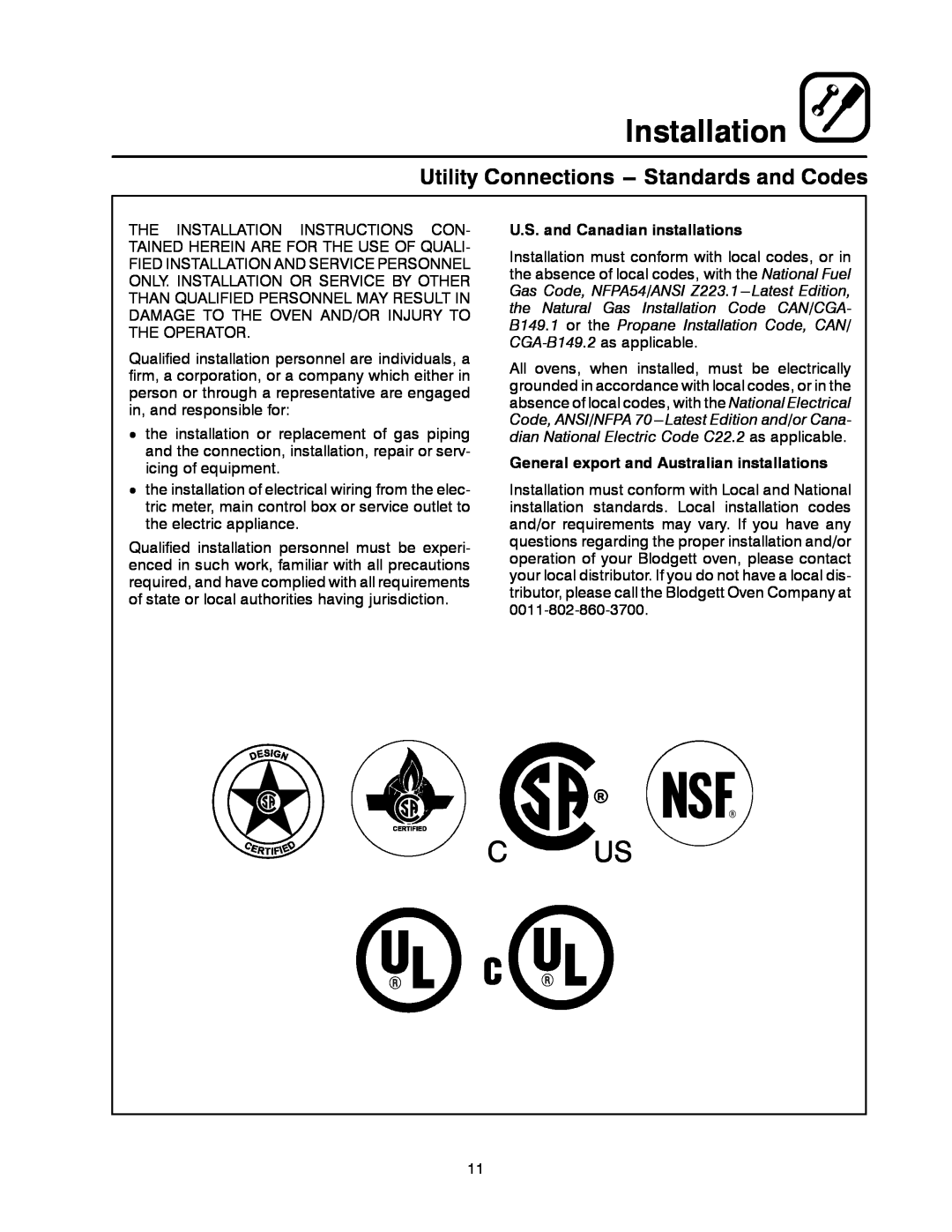 Blodgett MT1828E, MT1828G manual Utility Connections --- Standards and Codes, Installation, U.S. and Canadian installations 