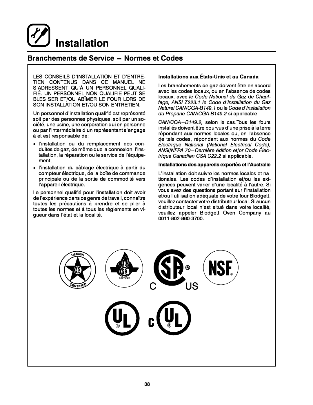 Blodgett MT1828G, MT1828E manual Branchements de Service --- Normes et Codes, Installations aux États-Unis et au Canada 