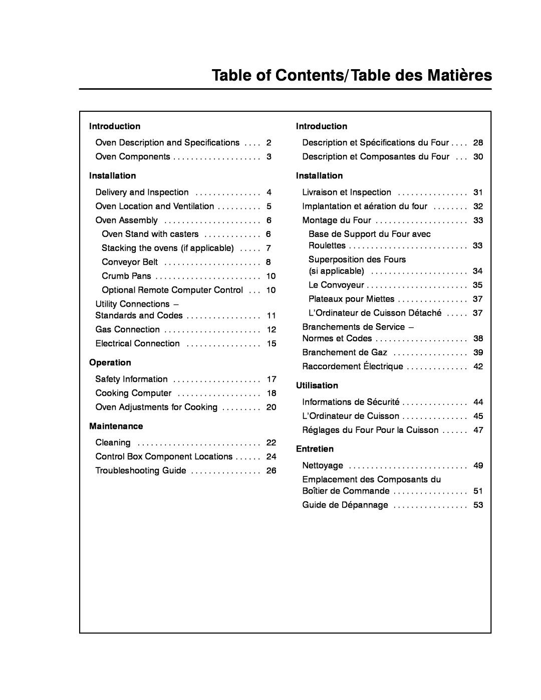 Blodgett MT1828E Table of Contents/Table des Matières, Introduction, Installation, Operation, Maintenance, Utilisation 