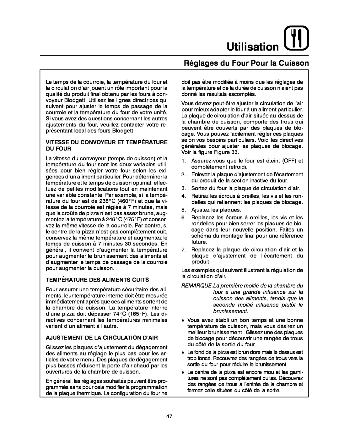 Blodgett MT1828E, MT1828G manual Réglages du Four Pour la Cuisson, Utilisation, Vitesse Du Convoyeur Et Température Du Four 