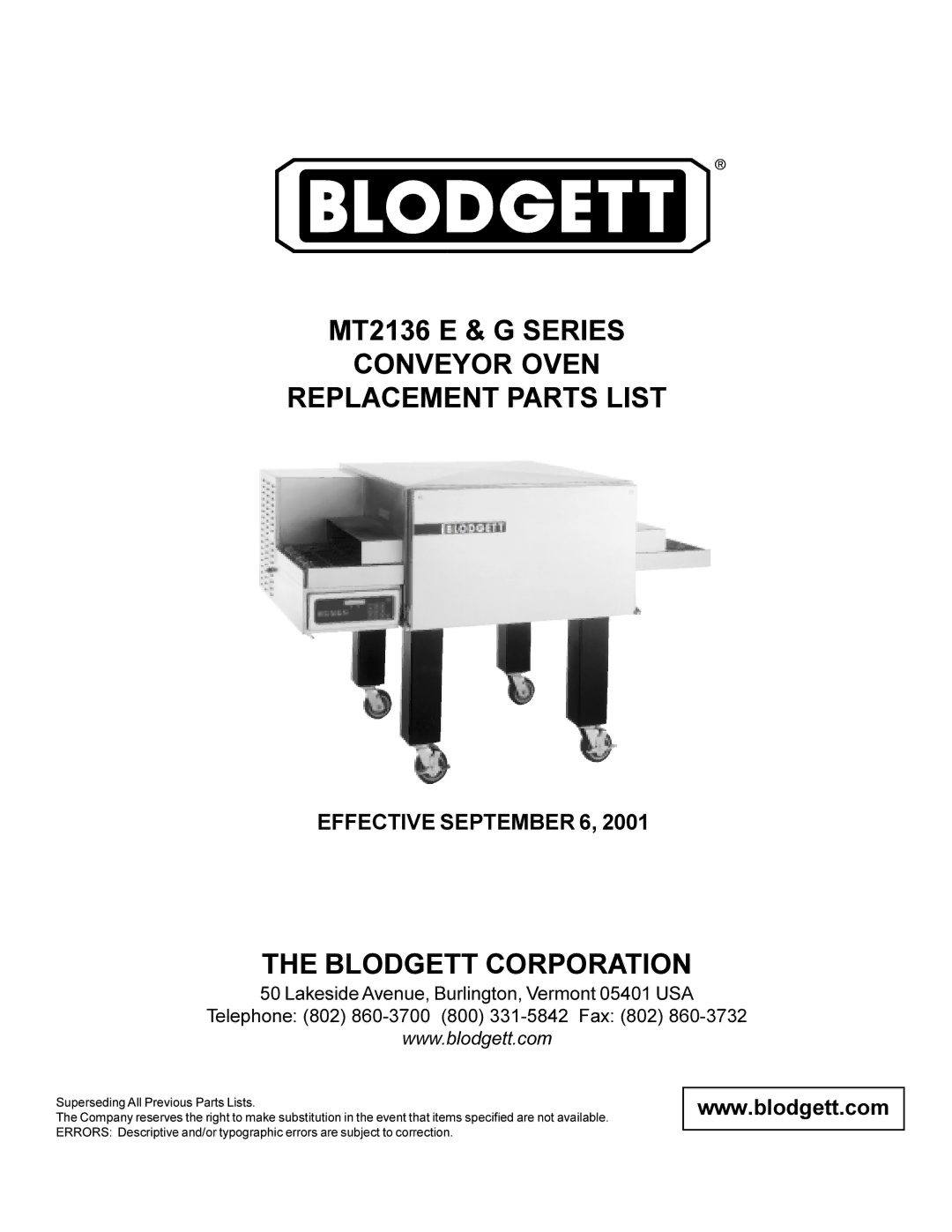 Blodgett MT2136 E, MT2136 G manual Blodgett Corporation, Effective September 6 