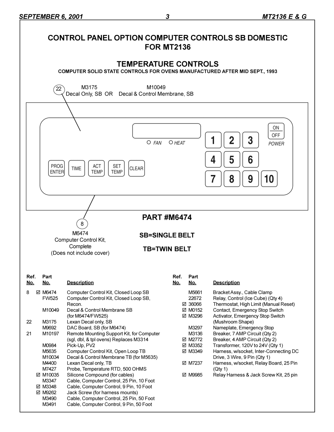 Blodgett MT2136 E, MT2136 G manual Control Panel Option Computer Controls SB Domestic, For MT2136, M6474, Part Description 