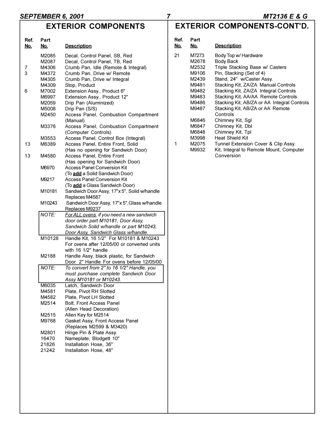 Blodgett MT2136 E, MT2136 G manual Exterior Components, Exterior COMPONENTS-CONTD, Door order part M10181, Door Assy 