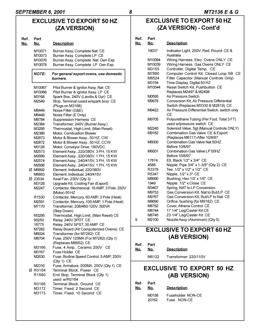 Blodgett MT2136 G, MT2136 E Exclusive to Export 50 HZ ZA Version, ZA Version Contd, Exclusive to Export 60 HZ AB Version 