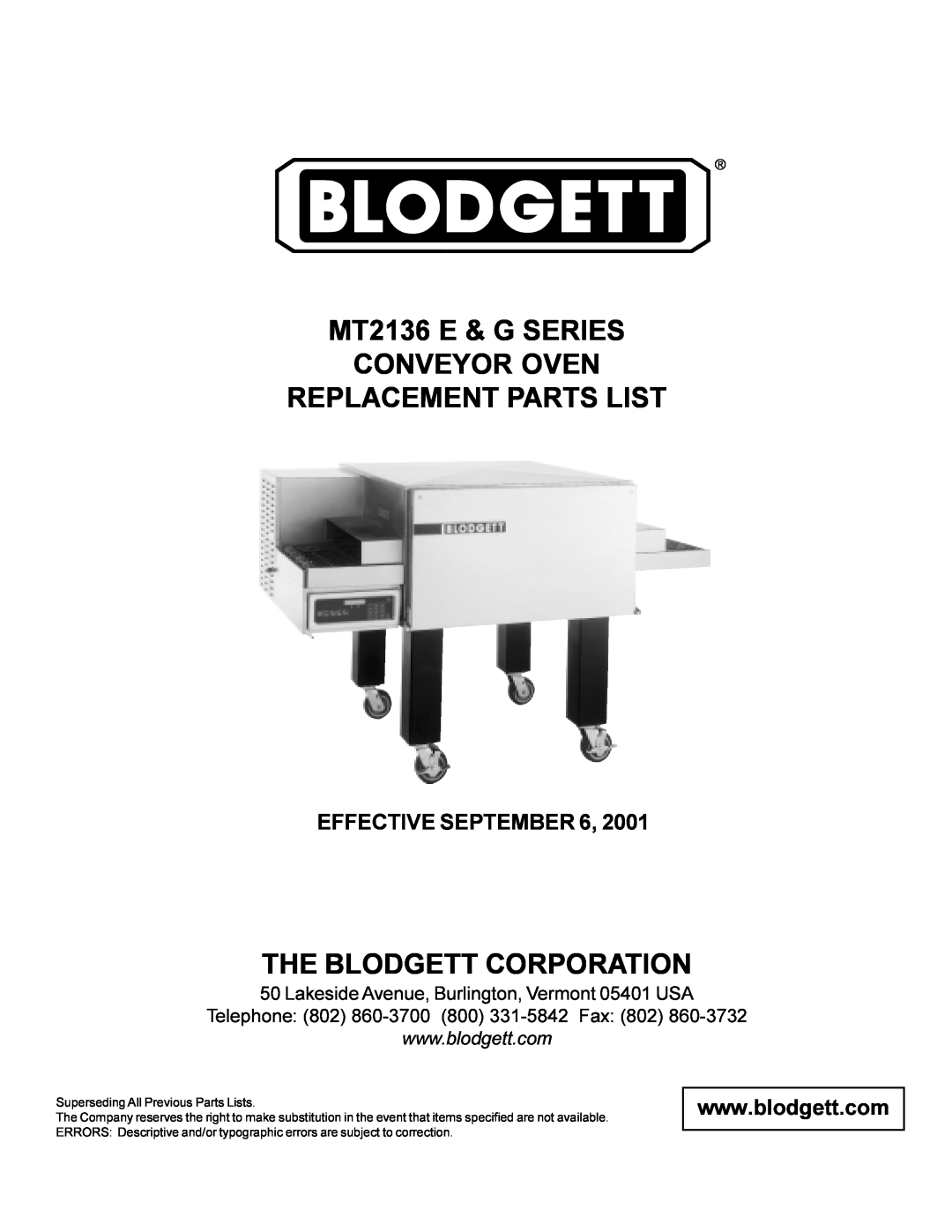 Blodgett MT2136 G manual Effective September, MT2136 E & G SERIES CONVEYOR OVEN, Replacement Parts List 