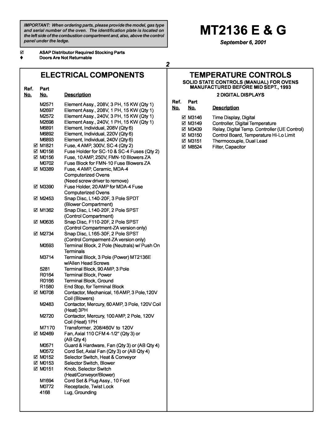 Blodgett MT2136 G Electrical Components, Temperature Controls, MT2136 E & G, September, Ref. Part No. No. Description 