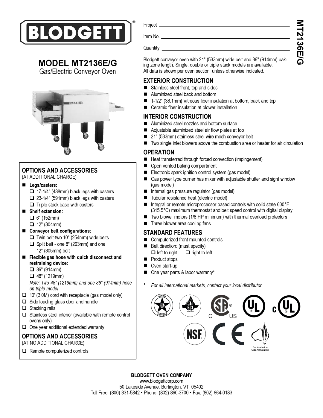 Blodgett MT2136E/G warranty Exterior Construction, Interior Construction, Operation, Options and Accessories 