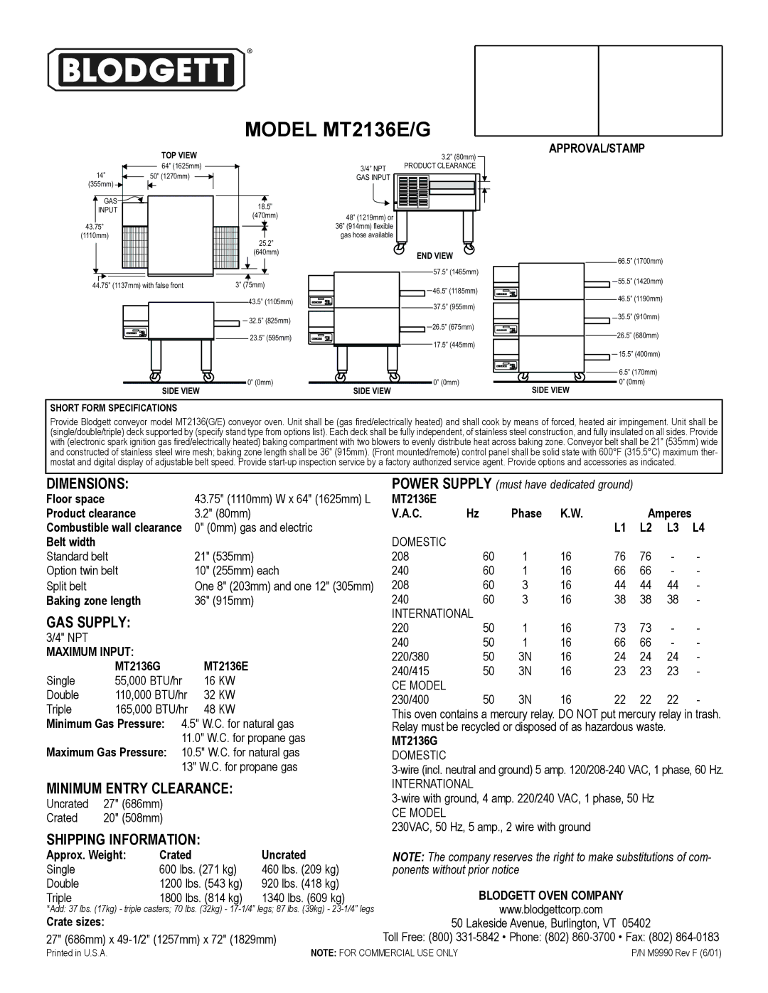 Blodgett MT2136E/G warranty Dimensions, GAS Supply, Minimum Entry Clearance, Shipping Information 