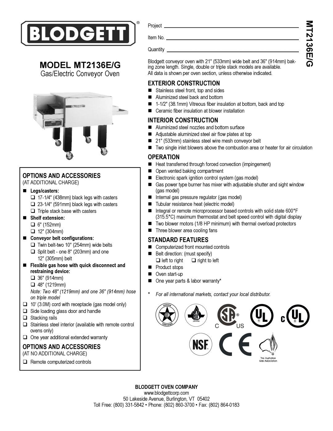 Blodgett warranty MODEL MT2136E/G, Exterior Construction, Interior Construction, Operation, Options And Accessories 