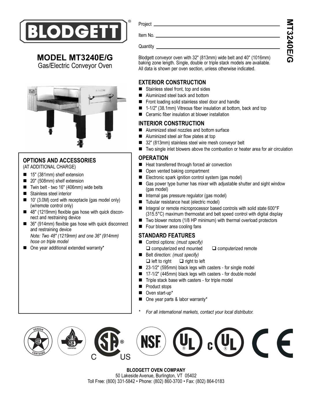 Blodgett MT3240E/G warranty Options and Accessories, Exterior Construction, Interior Construction, Operation 