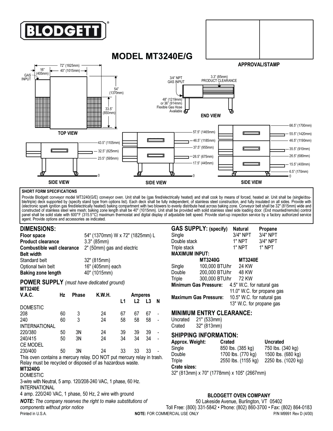 Blodgett MT3240E/G warranty Dimensions, Minimum Entry Clearance, Shipping Information 