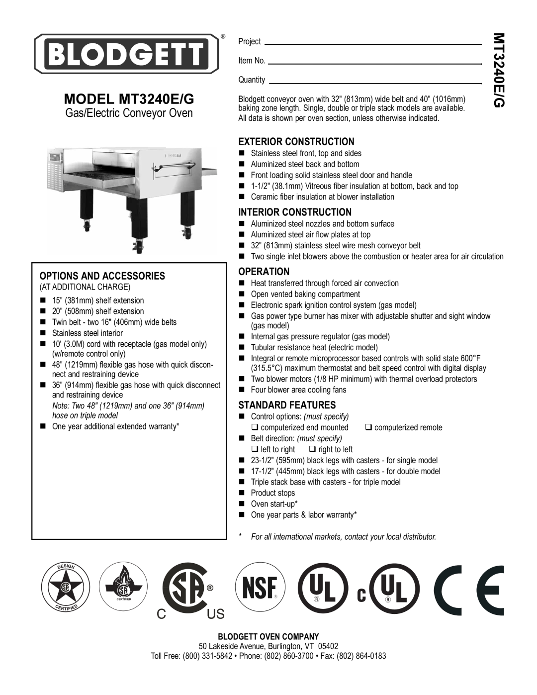 Blodgett warranty MODEL MT3240E/G, Options And Accessories, Exterior Construction, Interior Construction, Operation 