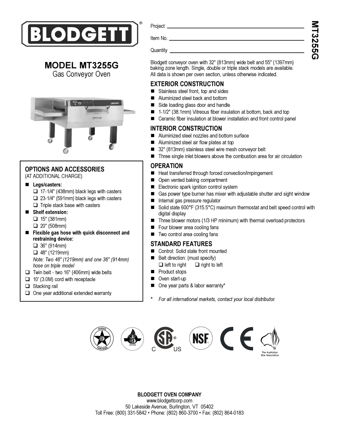 Blodgett warranty MODEL MT3255G, Options And Accessories, Exterior Construction, Interior Construction, Operation 