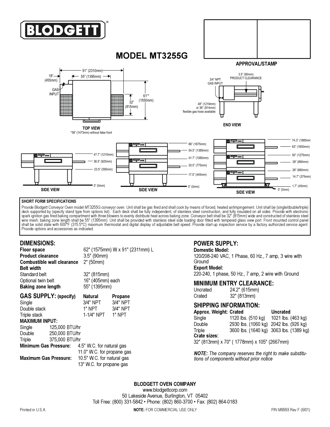 Blodgett MT3255G warranty Dimensions, Power Supply, Minimum Entry Clearance, tions of components without prior notice 