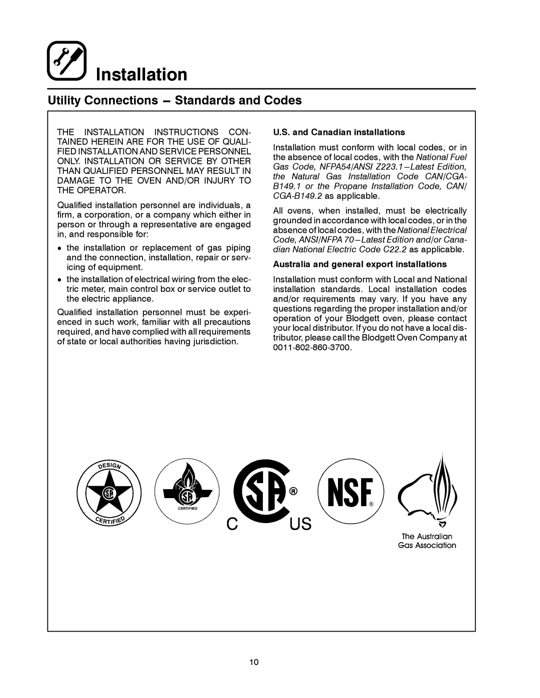 Blodgett MT3855G-G manual Utility Connections --- Standards and Codes, Canadian installations 